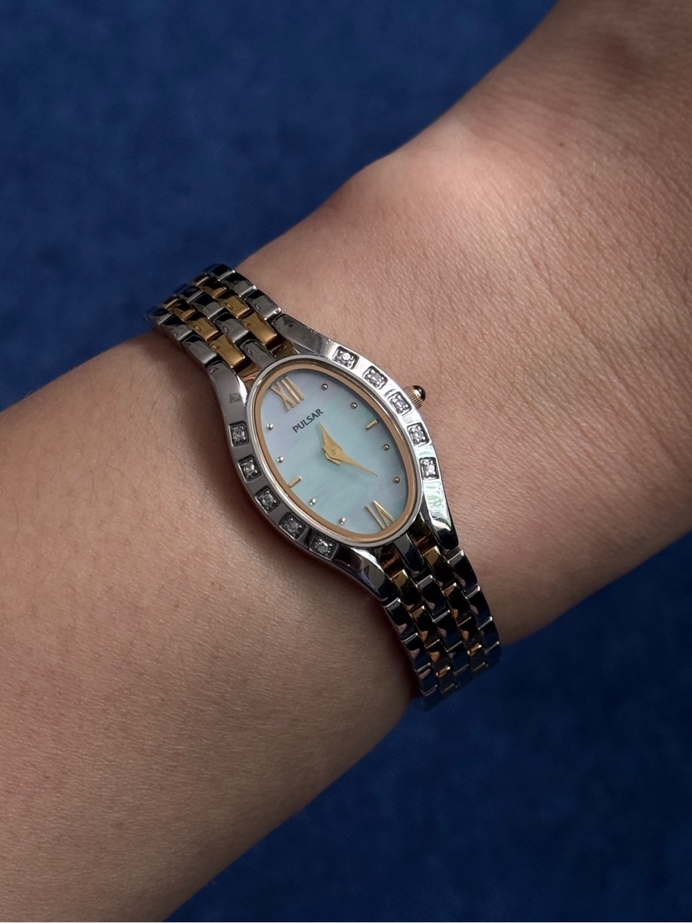 Vintage Pulsar Diamond Gemstone Mother Of Pearl silver and gold-tone Wrist Watch
